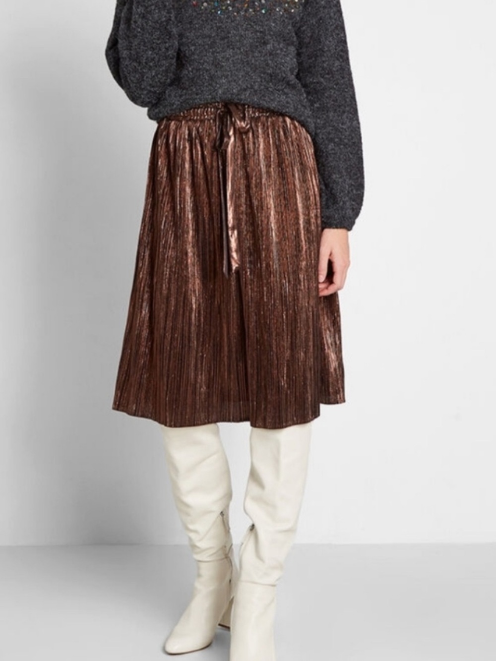 ModCloth Glitz Metallic Midi Skirt Small Bronze Pleated Plisse Tie Waist Lined